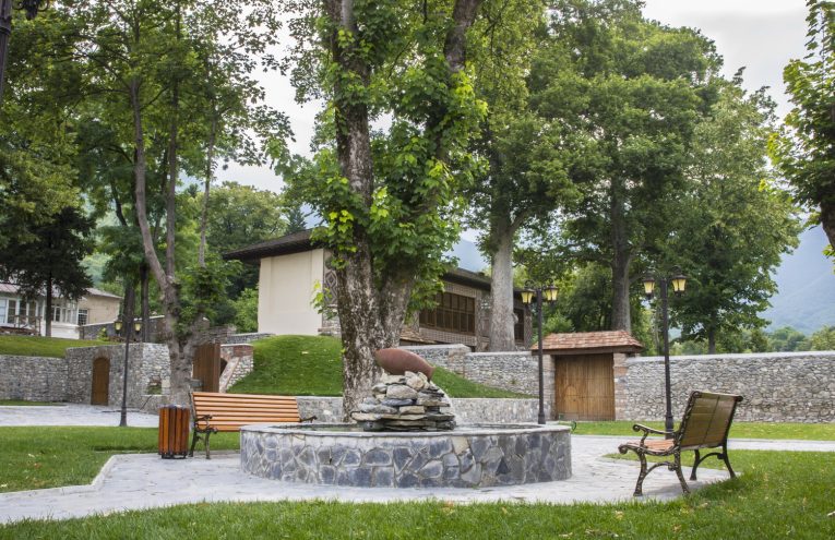 Town park with benches and fireplace. High quality photo