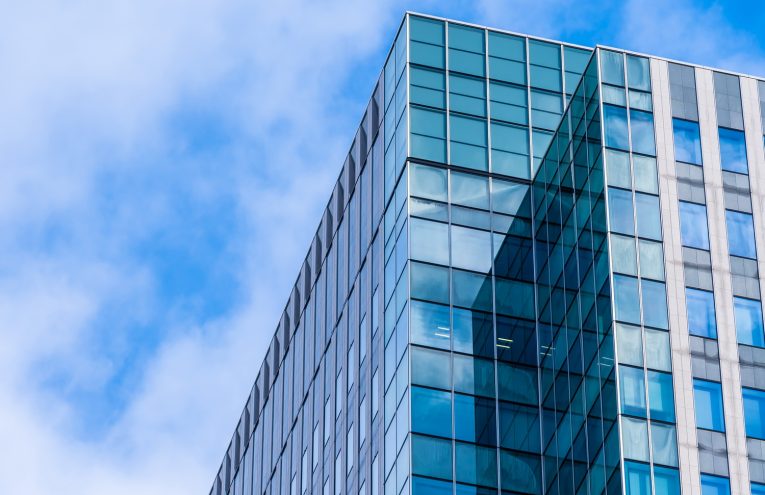 Beautiful architecture skyscraper office business building with glass window shape